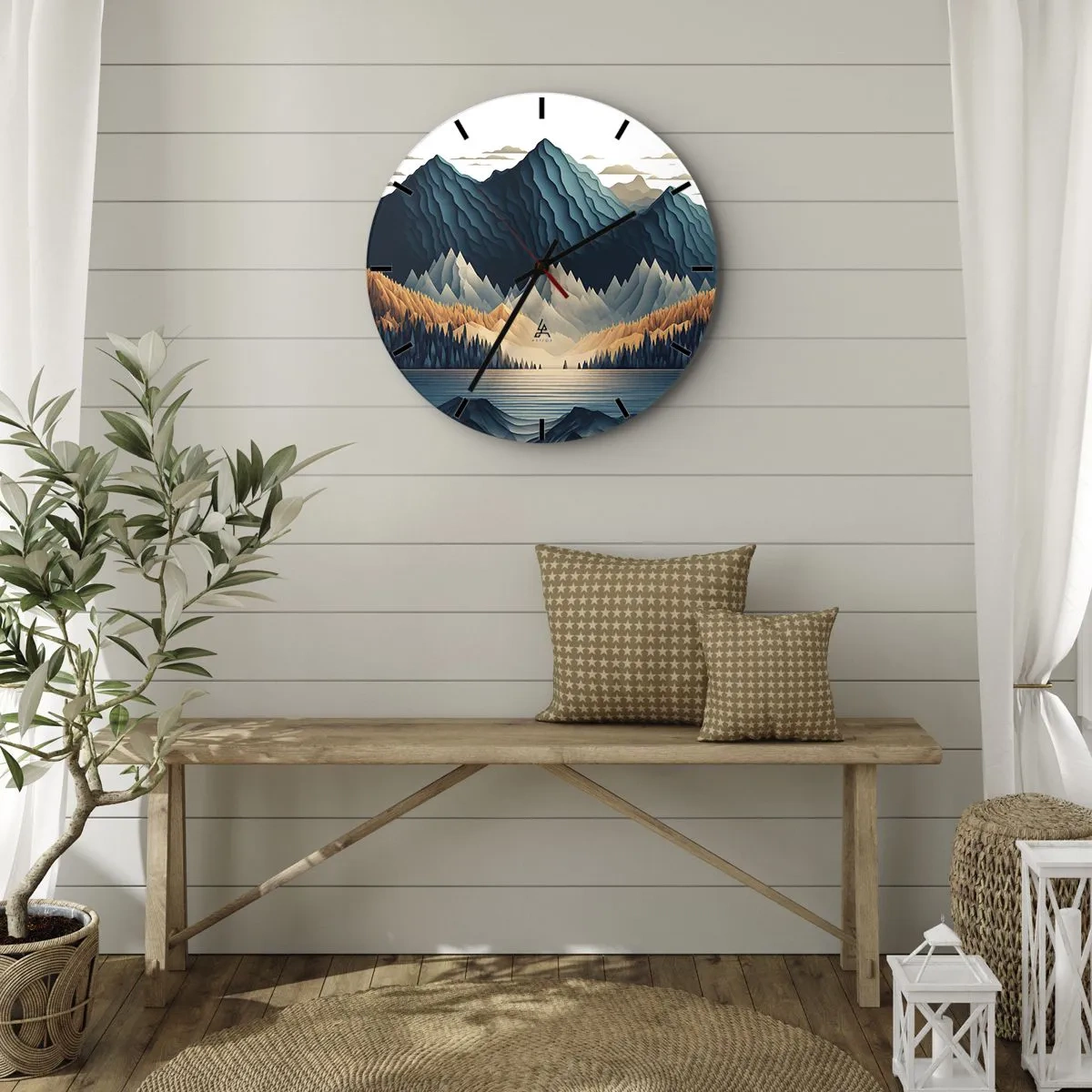 Wall clock - Clock on glass - Mountains in shades of navy blue and beige over the lake in the morning - 30x30cm - Perfect Mountain Landscape - Modern wall decoration for the living room, kitchen, and bedroom ARTTOR