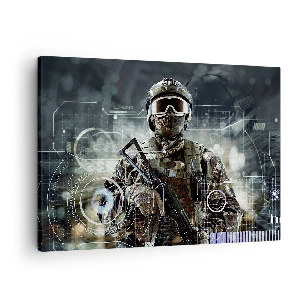 Canvas picture - A soldier in a futuristic helmet with a gun in the background of technology. - 70x50cm - Power Squared - Modern wall decoration for the living room and bedroom ARTTOR