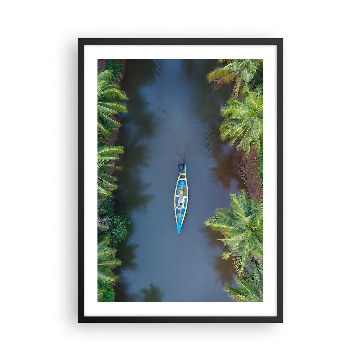 Poster in black frame - Aerial view of a boat floating on a tropical river - 50x70cm - On Tropical Trail - Modern wall decoration for the living room and bedroom ARTTOR