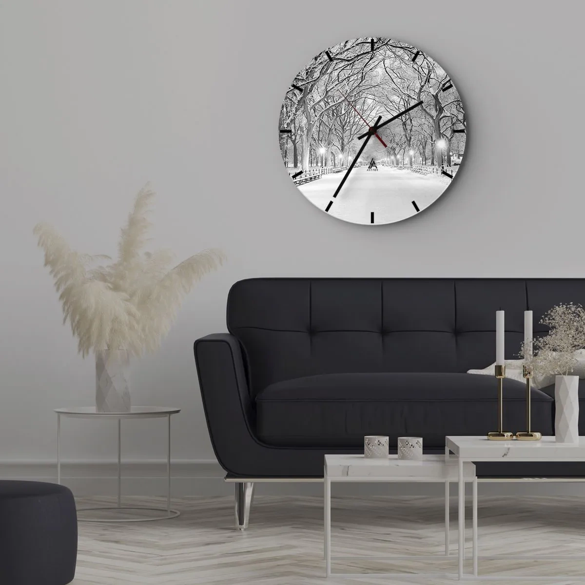Wall clock - Clock on glass - Winter tree alley in the park lit by lanterns - 30x30cm - Four Seasons: Winter - Modern wall decoration for the living room, kitchen, and bedroom ARTTOR