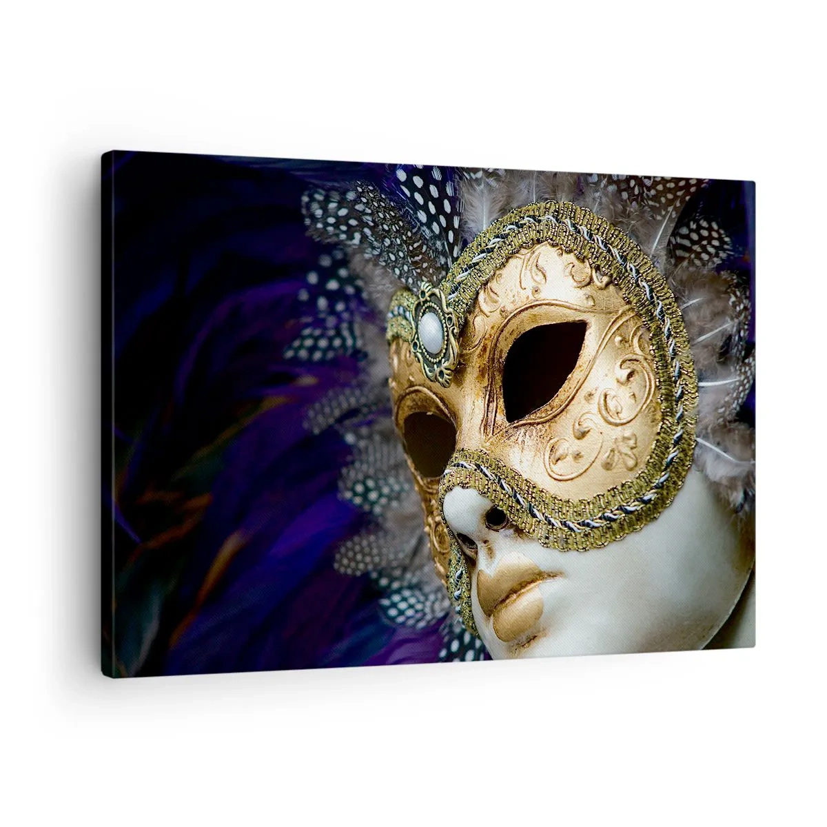 Canvas picture - Golden Venetian mask with decorative feathers and ornaments - 70x50cm - Venetian Portrait In Gold - Modern wall decoration for the living room and bedroom ARTTOR