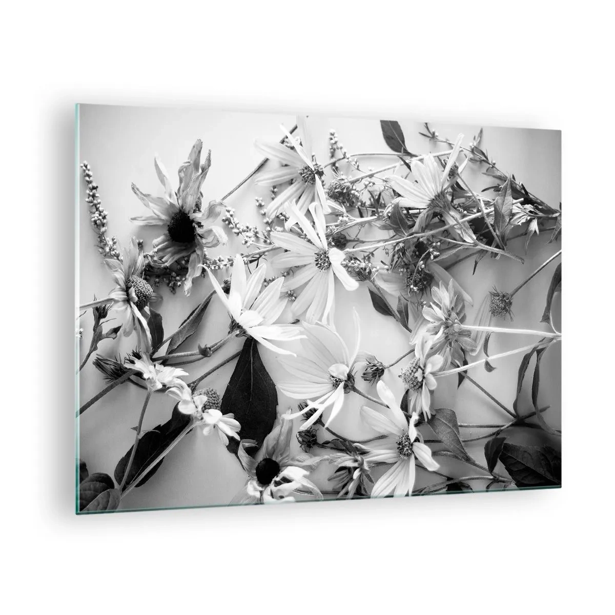 Glass picture - Scattered black and white flowers in an artistic arrangement - 70x50cm - No-Bouquet of Flowers - Modern wall decoration for the living room and bedroom ARTTOR