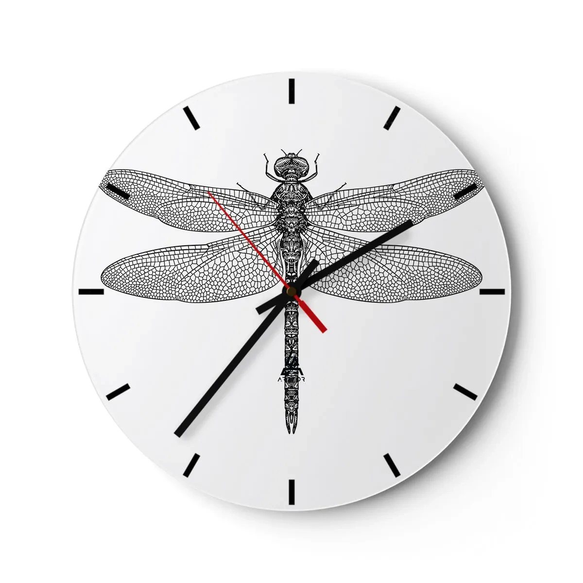 Wall clock - Clock on glass - Detailed illustration of a dragonfly in black on white background - 30x30cm - Precision of Nature - Modern wall decoration for the living room, kitchen, and bedroom ARTTOR