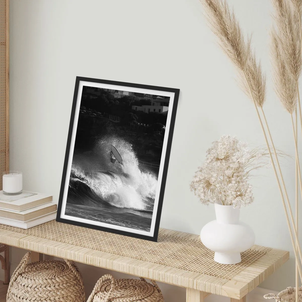 Poster in black frame - Black and white surfer in action on rough waves - 50x70cm - Challenge Accepted! - Modern wall decoration for the living room and bedroom ARTTOR