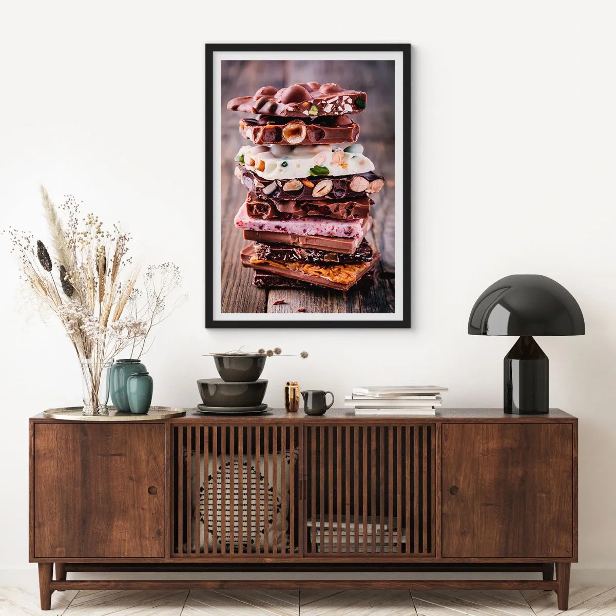 Poster in black frame - A stack of chocolate bars with nuts and fruit - 50x70cm - Delightful Prospect - Modern wall decoration for the living room and bedroom ARTTOR