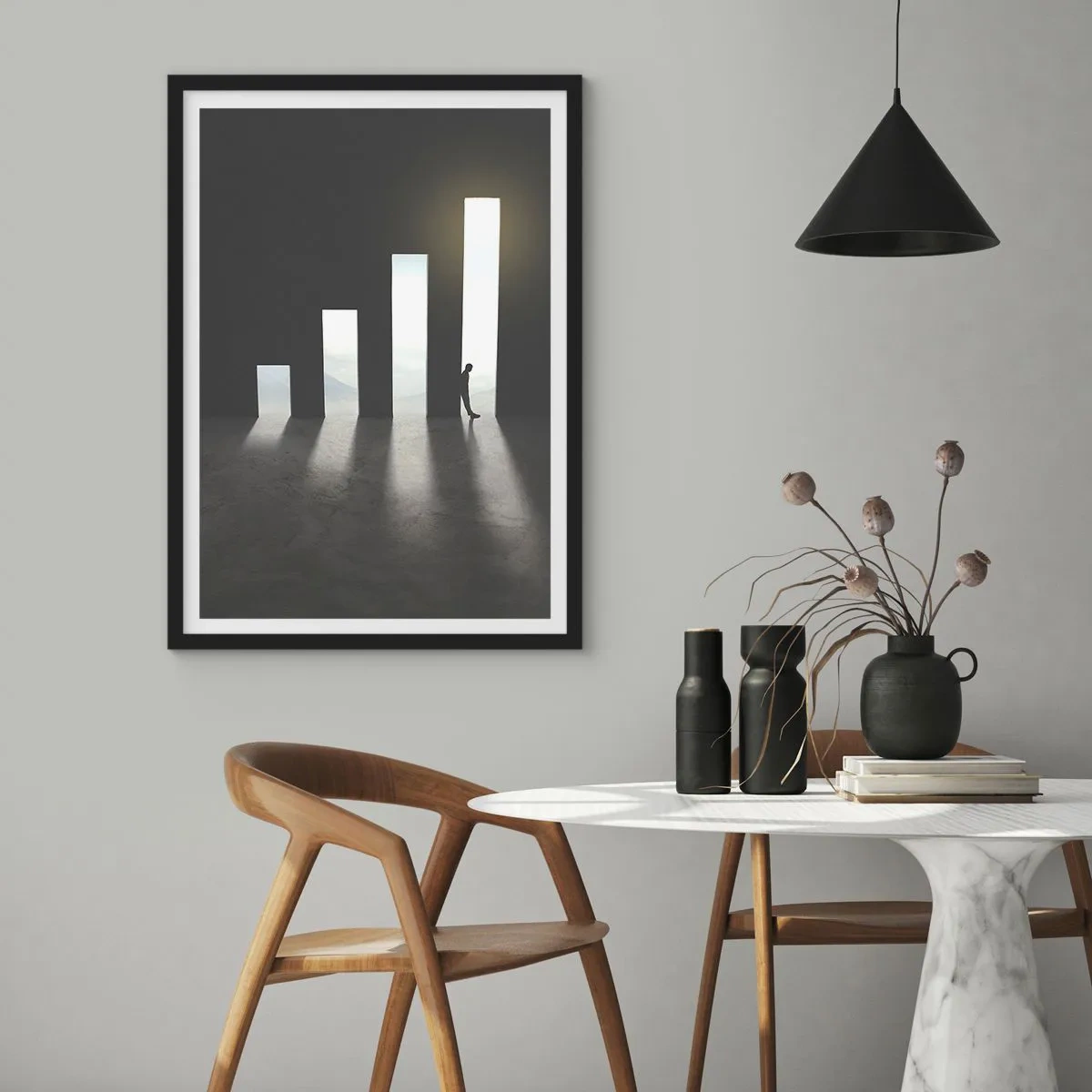 Poster in black frame - symbolic door in the shape of a graph with a figure - 50x70cm - Success - Impression - Modern wall decoration for the living room and bedroom ARTTOR