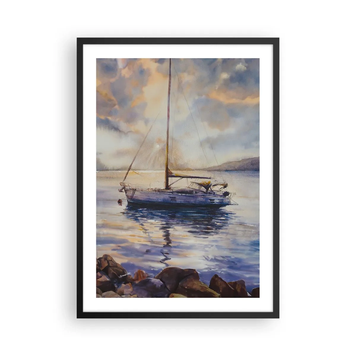 Poster in black frame - A sailboat on calm water in the sunset light - 50x70cm - Evening in Harbour - Modern wall decoration for the living room and bedroom ARTTOR