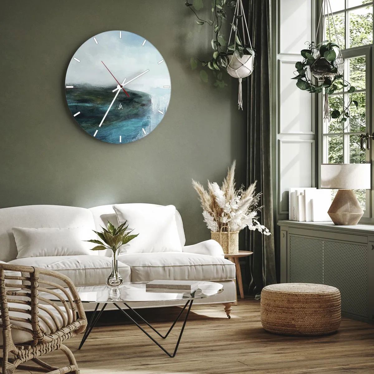 Wall clock - Clock on glass - A seascape with a cliff in turquoise and blue tones - 30x30cm - Marine Abstract - Modern wall decoration for the living room, kitchen, and bedroom ARTTOR