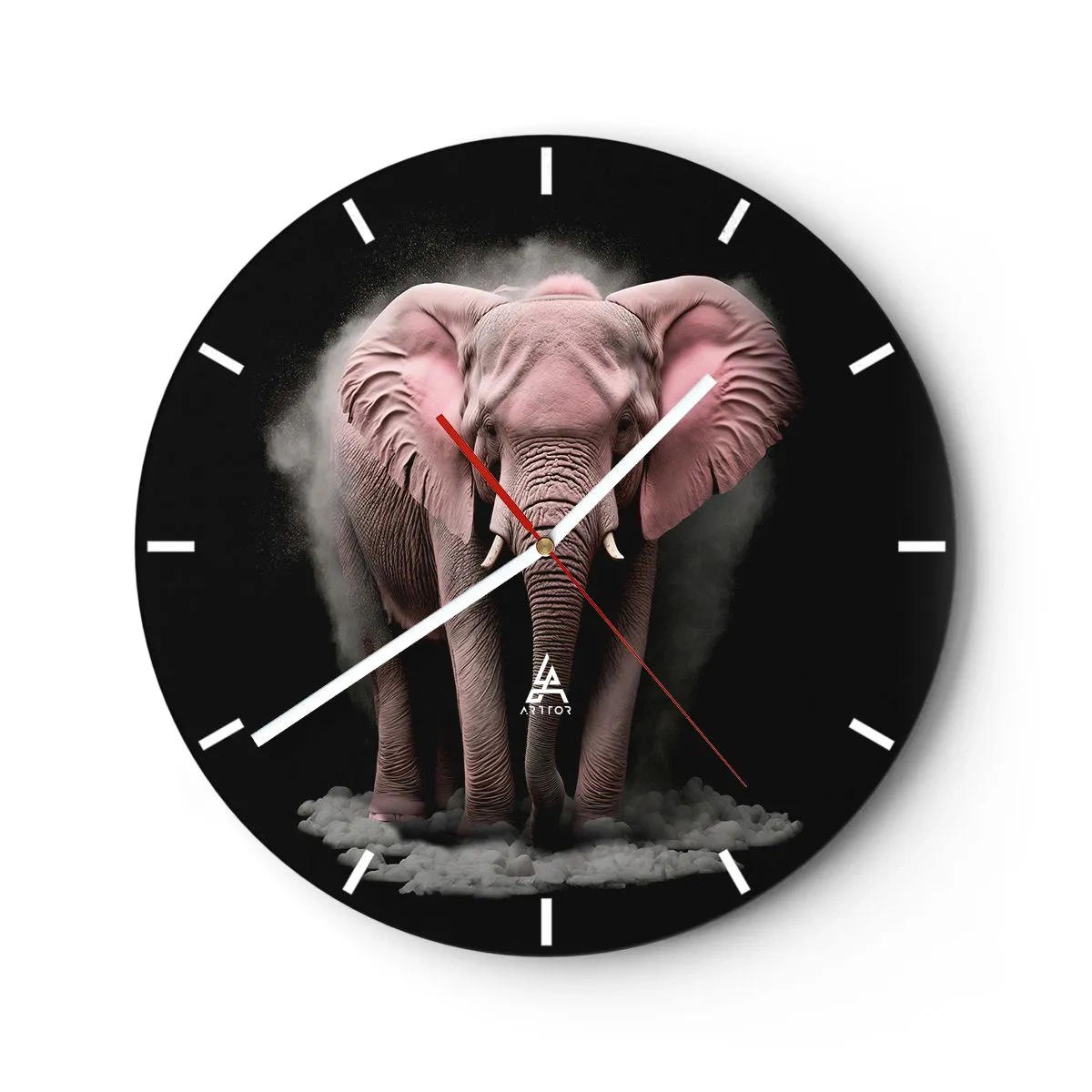 Wall clock - Clock on glass - A pink elephant on a black background surrounded by fog - 30x30cm - Don't Think About a Pink Elephant! - Modern wall decoration for the living room, kitchen, and bedroom ARTTOR