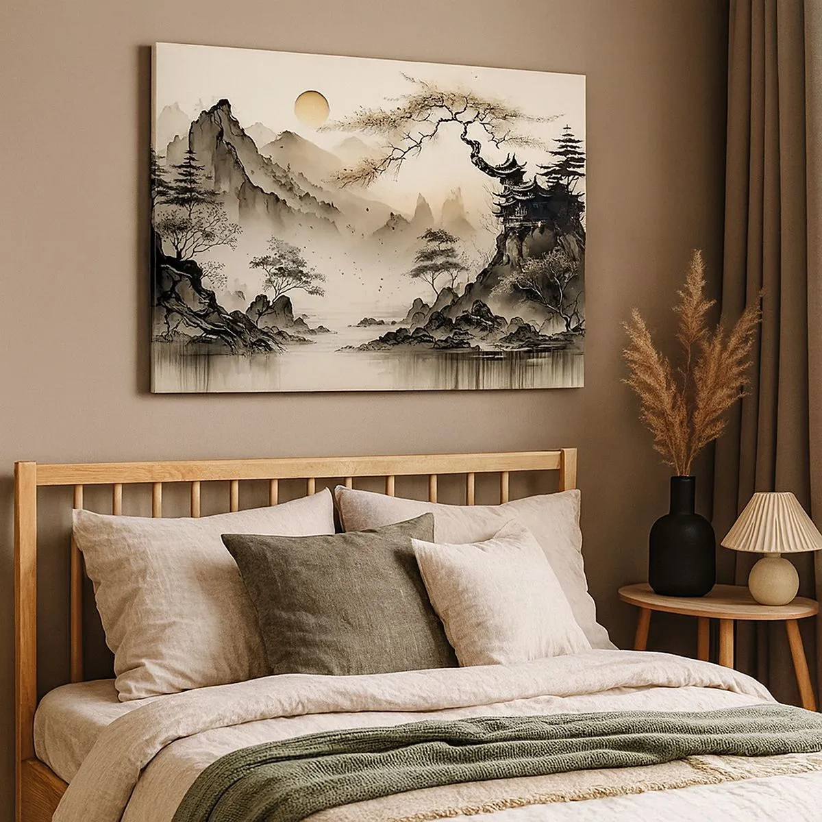 Canvas picture - An oriental landscape with mountains and a pagoda in delicate shades. - 70x50cm - Unique Charm of the Orient - Modern wall decoration for the living room and bedroom ARTTOR