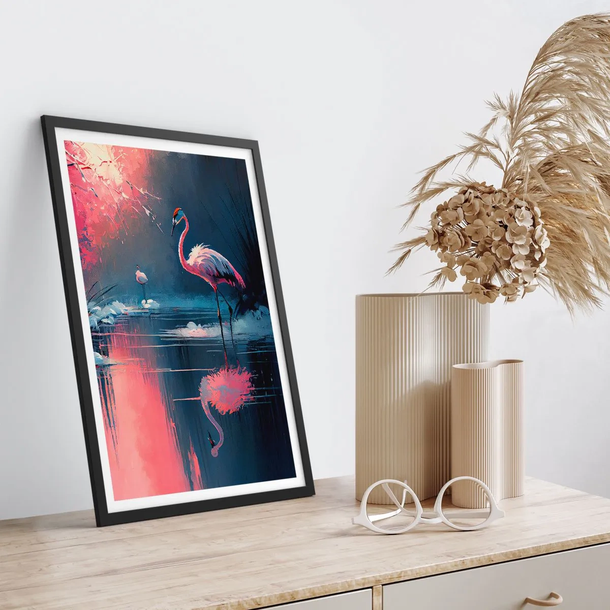 Poster in black frame - Flamingos on a calm lake - 50x70cm - Bird Retreat - Modern wall decoration for the living room and bedroom ARTTOR