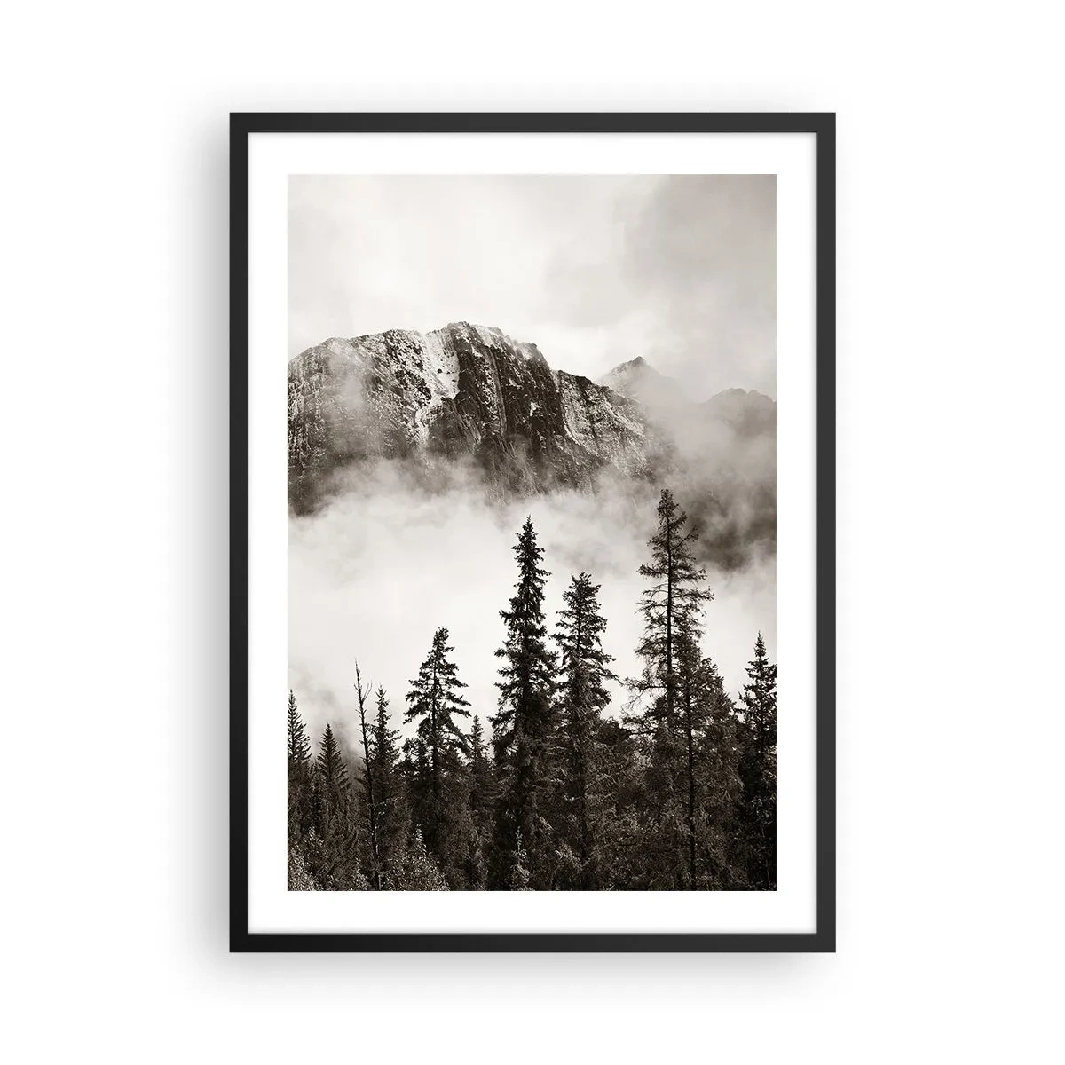 Poster in black frame - Mountain landscape with trees and fog - 50x70cm - Granite Ruler - Modern wall decoration for the living room and bedroom ARTTOR