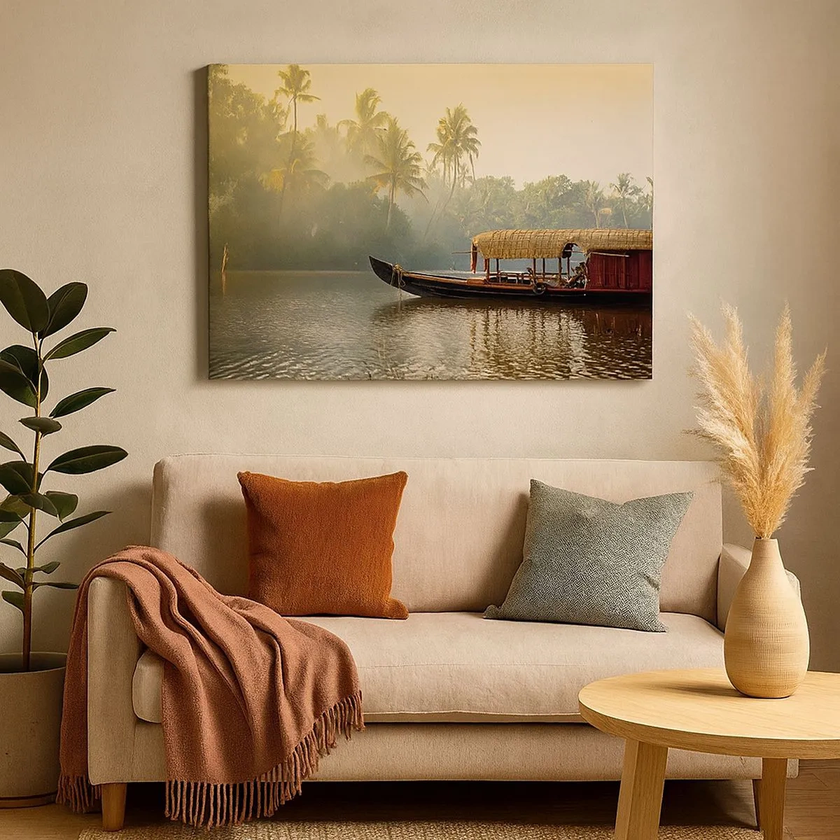 Canvas picture - A traditional boat on a calm river among palm trees - 70x50cm - House on the River - Modern wall decoration for the living room and bedroom ARTTOR