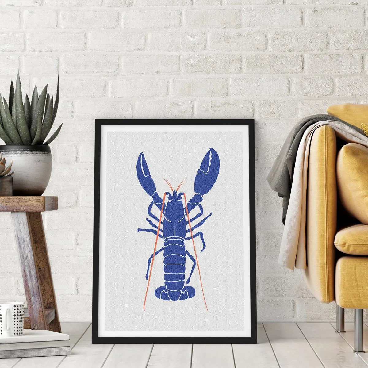 Poster in black frame - High-contrast lobster graphic in a minimalist style - 50x70cm - Exquisite Lobster in Navy Blue - Modern wall decoration for the living room and bedroom ARTTOR