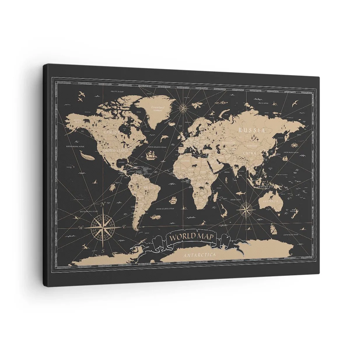 Canvas picture - A stylized world map on a black background with beige accents. - 70x50cm - Borders of My World - Modern wall decoration for the living room and bedroom ARTTOR