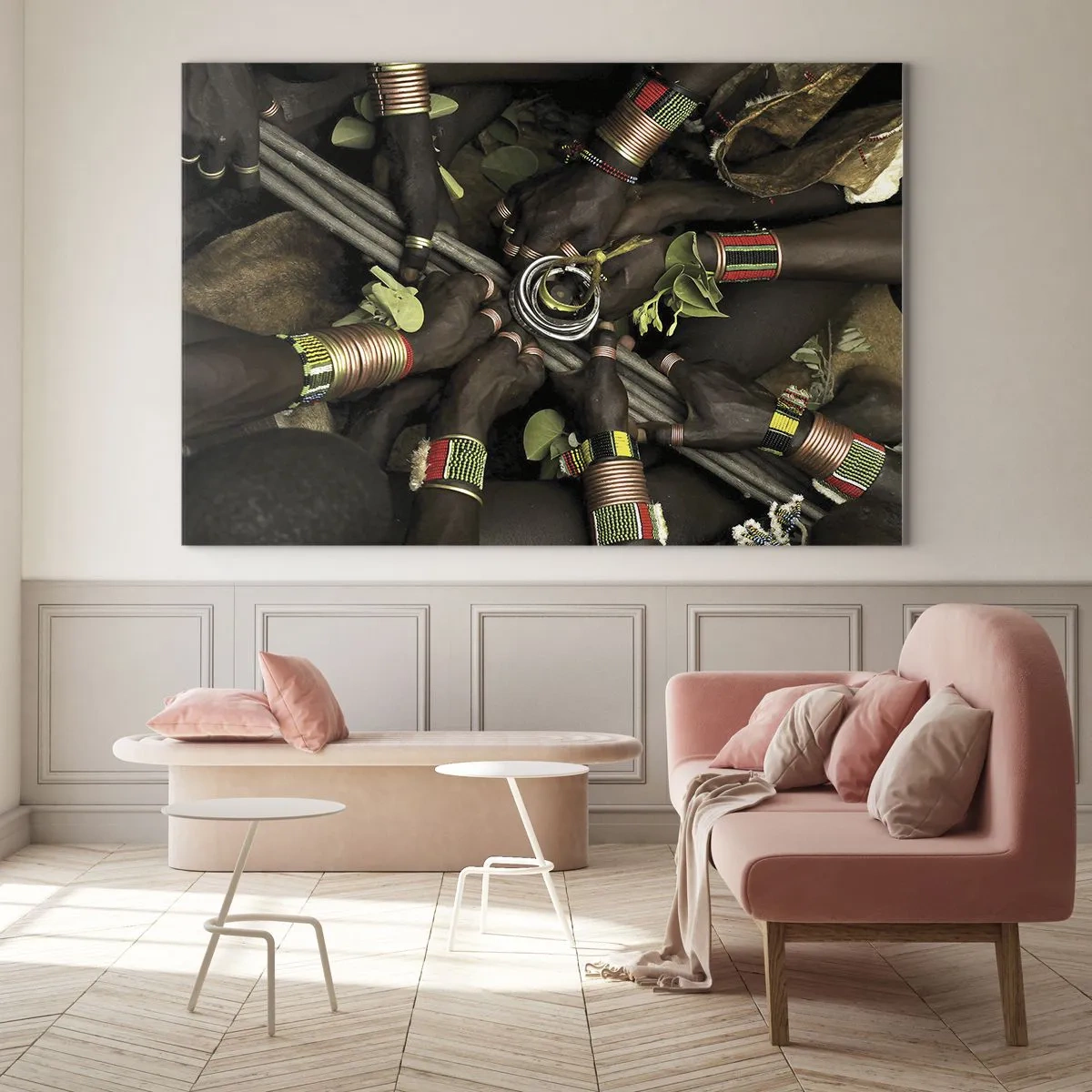 Glass picture - Hands with bracelets holding a vessel in a ritual gesture - 70x50cm - We Are Together - Modern wall decoration for the living room and bedroom ARTTOR