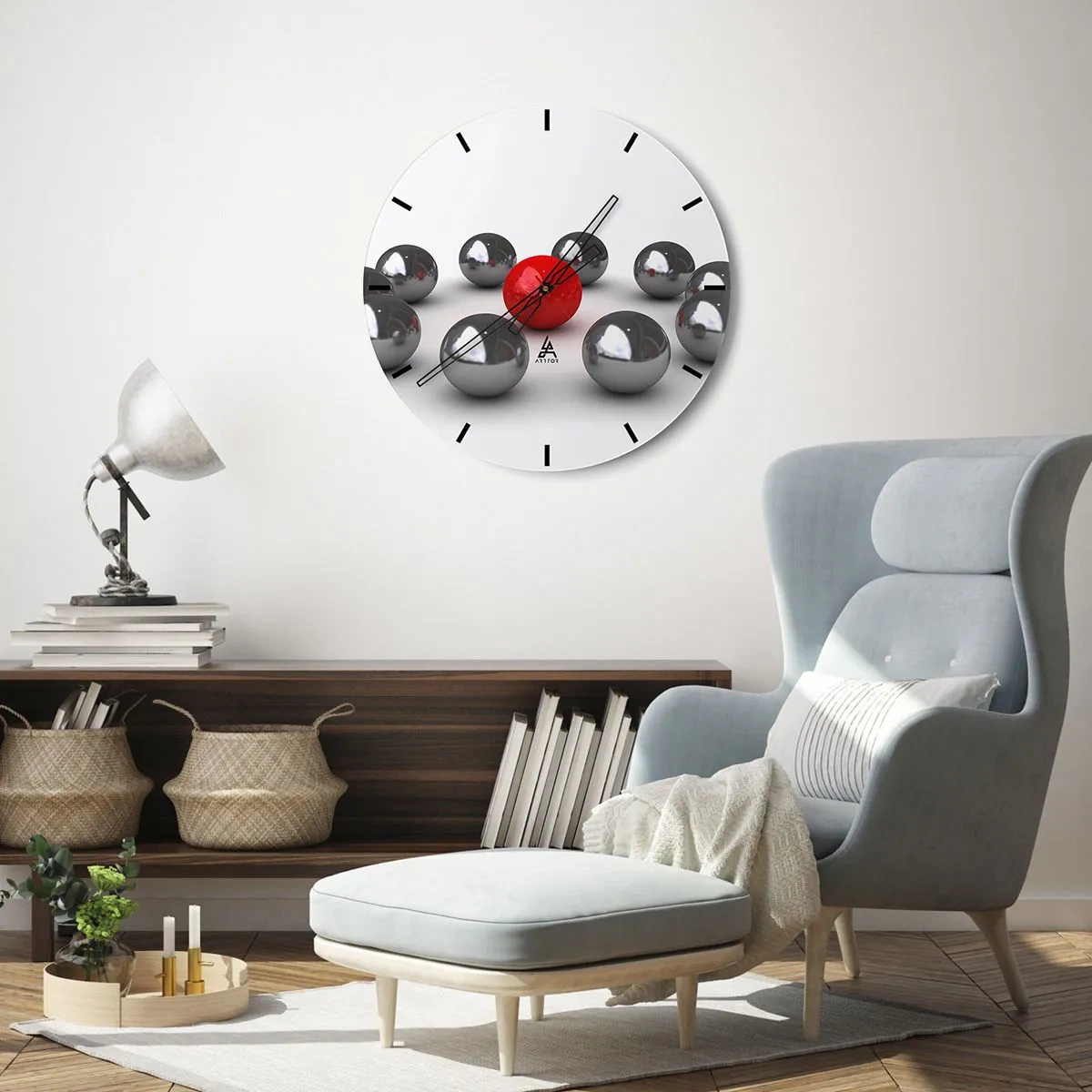 Wall clock - Clock on glass - Red and silver balls on a white background, a minimalist pattern - 30x30cm - Circle in Silver and Red - Modern wall decoration for the living room, kitchen, and bedroom ARTTOR