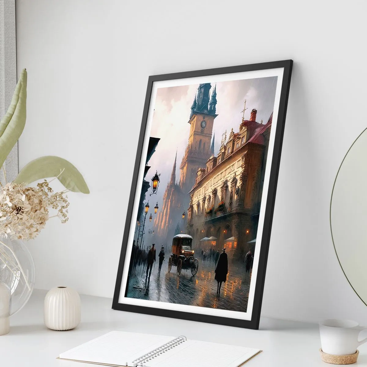 Poster in black frame - Historic city at dusk with a historic vehicle - 50x70cm - Charm of Evening in Prague - Modern wall decoration for the living room and bedroom ARTTOR