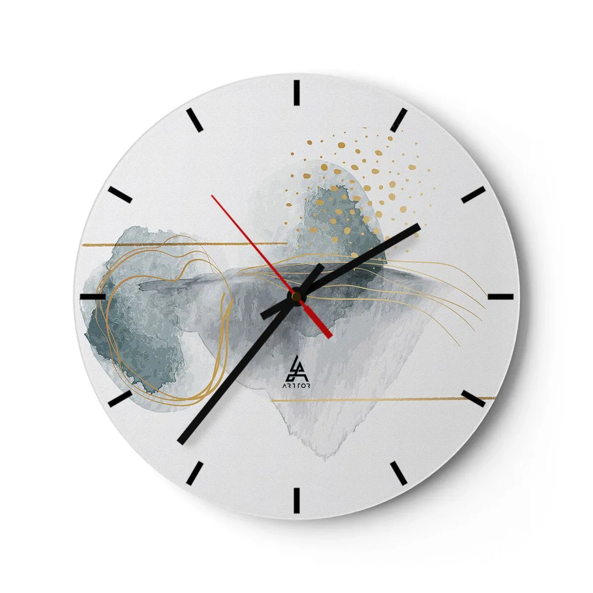 Wall clock - Clock on glass - Pastel abstract shapes with golden lines and dots on a white background. - 30x30cm - On the Relationships of Grey and Gold - Modern wall decoration for the living room, kitchen, and bedroom ARTTOR