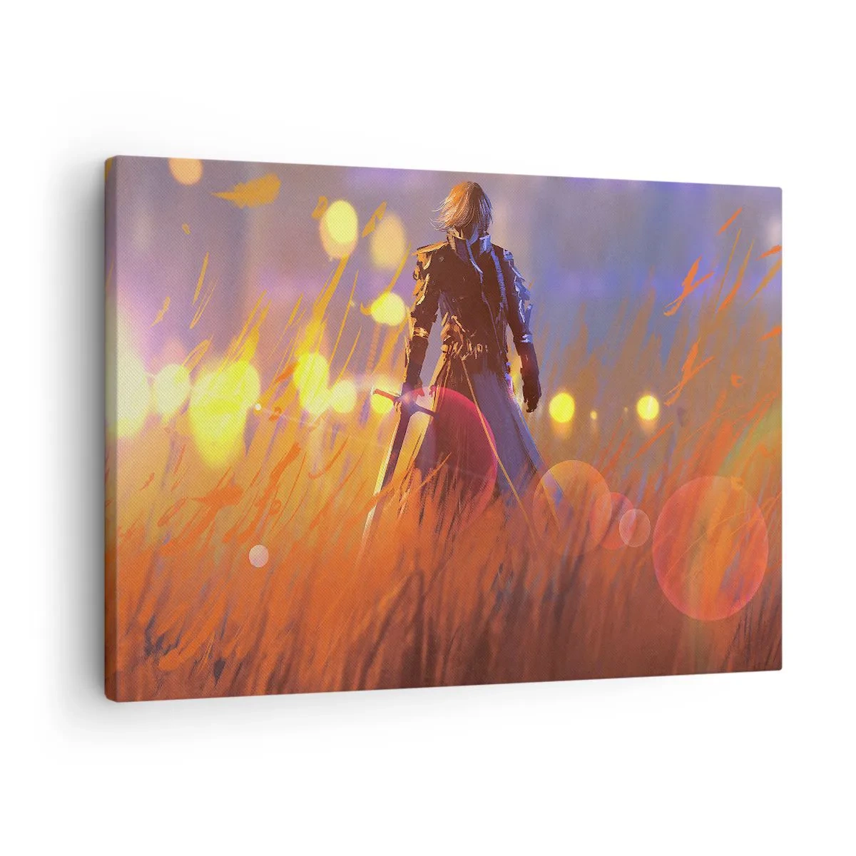 Canvas picture - The figure of a knight in the light of the setting sun in a field - 70x50cm - Knight-errant - Modern wall decoration for the living room and bedroom ARTTOR