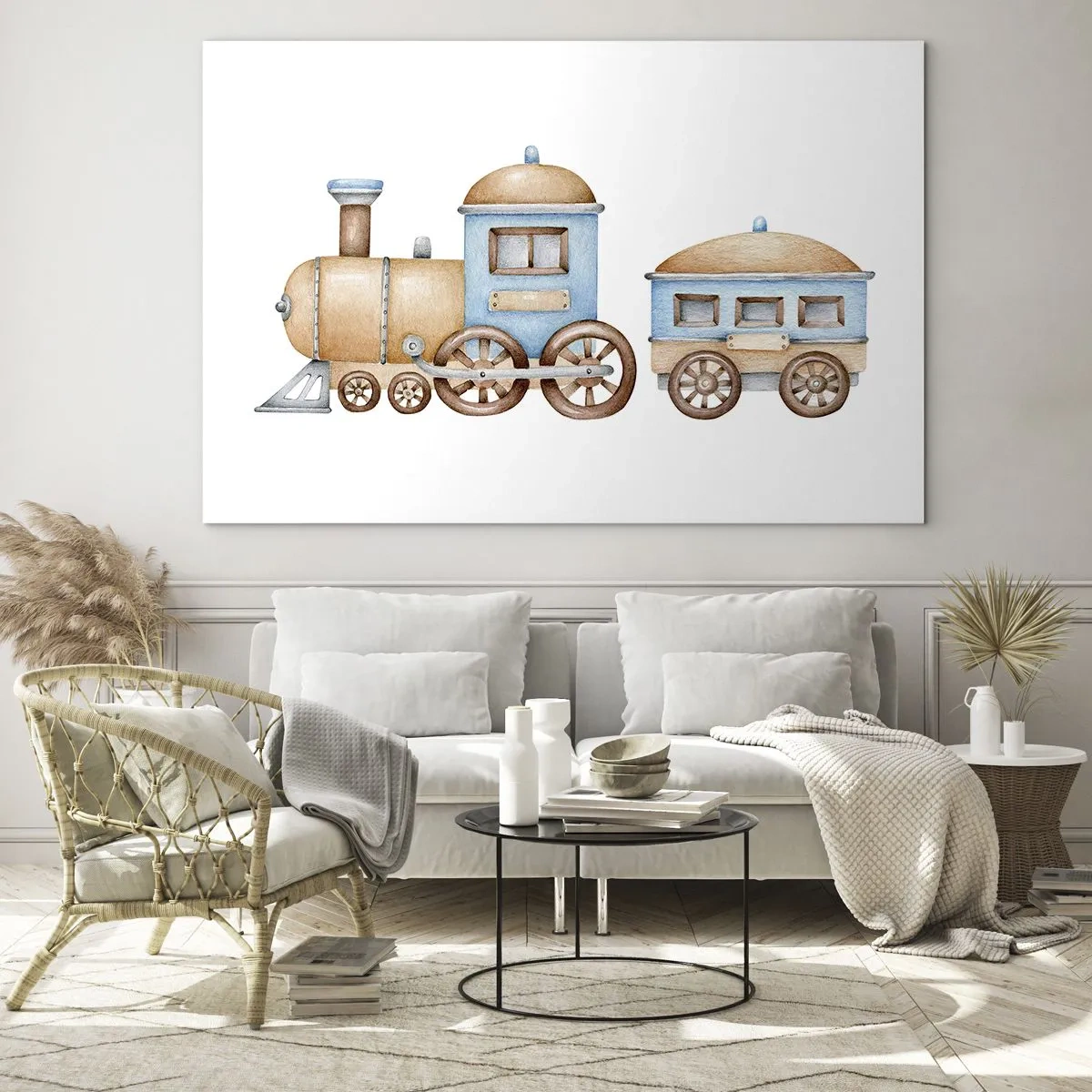 Glass picture - Illustration of a steam train in shades of blue and beige on a white background - 70x50cm - Standing at the Station… - Modern wall decoration for the living room and bedroom ARTTOR