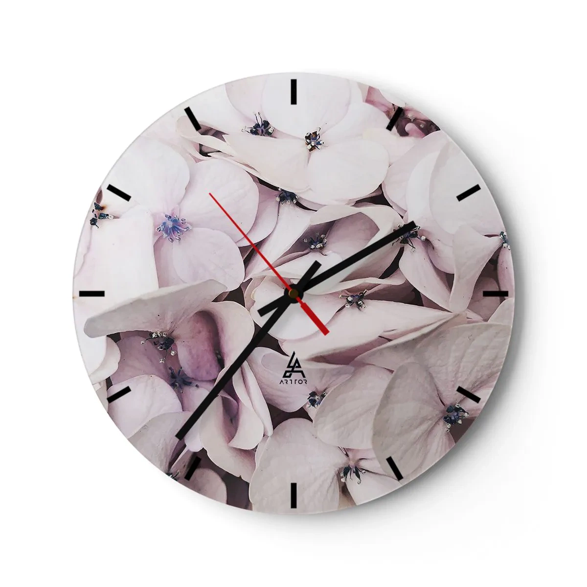 Wall clock - Clock on glass - Light pink hydrangea flowers in a subtle composition - 30x30cm - In the Flood of Flowers - Modern wall decoration for the living room, kitchen, and bedroom ARTTOR