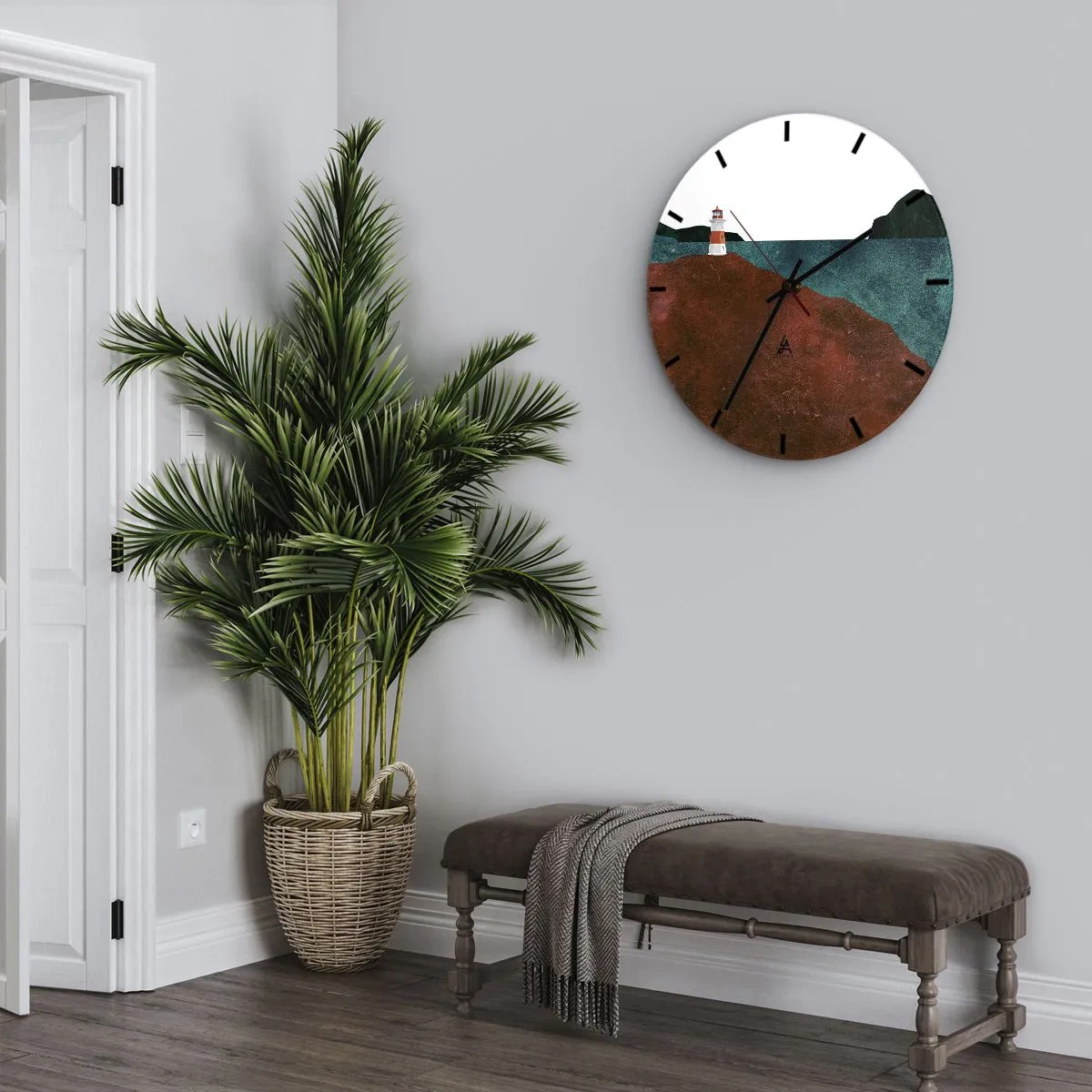 Wall clock - Clock on glass - A lighthouse on a hill by a quiet coast - 30x30cm - Gazing at the Sea - Modern wall decoration for the living room, kitchen, and bedroom ARTTOR