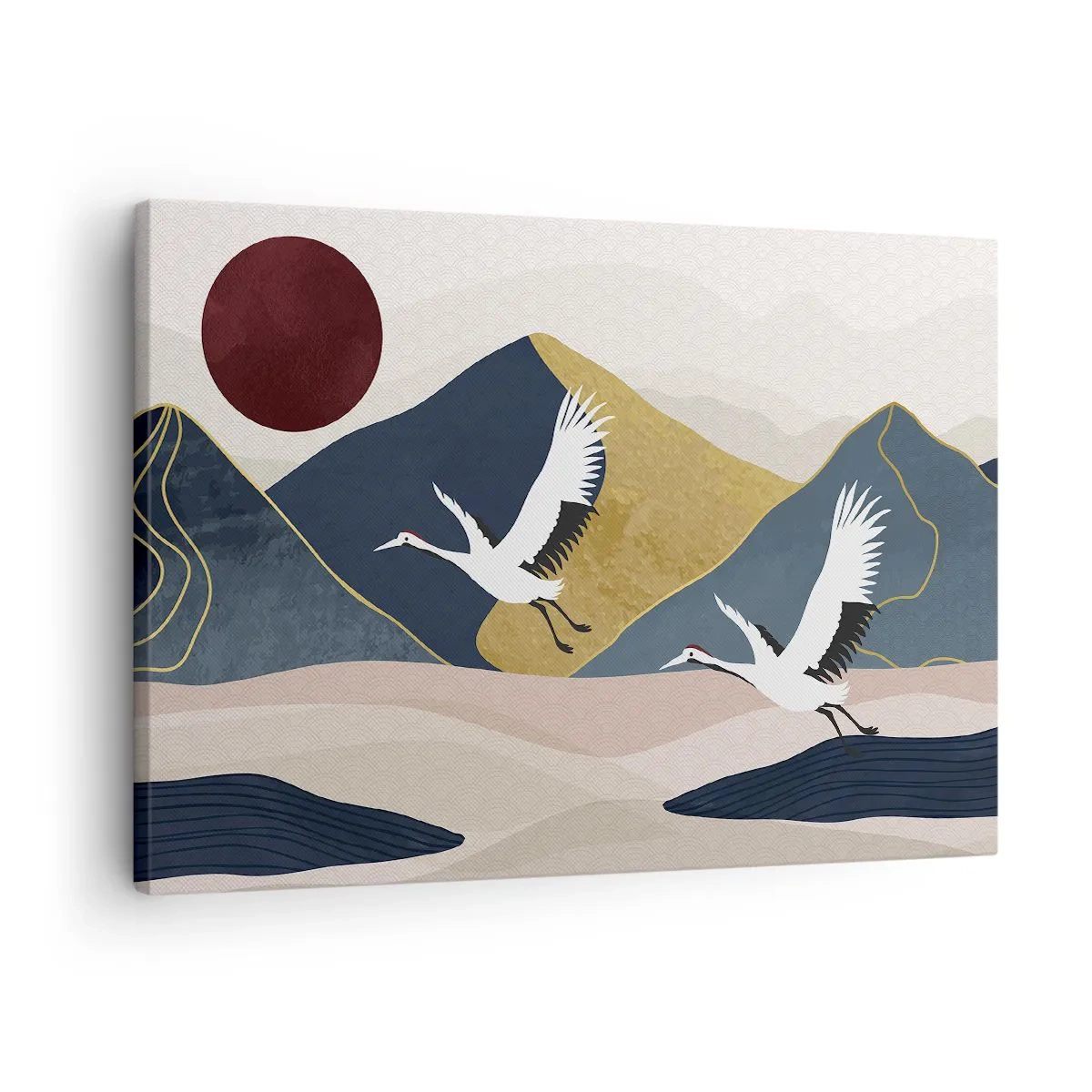 Canvas picture - Cranes in flight against the backdrop of mountains and a red sun - 70x50cm - Another Day Has Flown By - Modern wall decoration for the living room and bedroom ARTTOR
