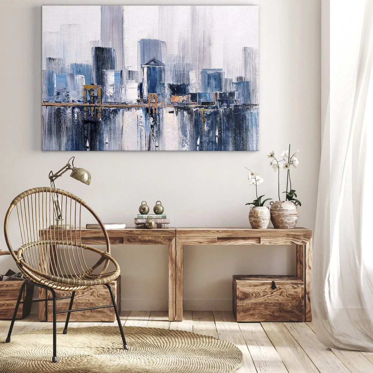 Canvas picture - Abstract city panorama with shades of blue and yellow - 70x50cm - New York Impression - Modern wall decoration for the living room and bedroom ARTTOR