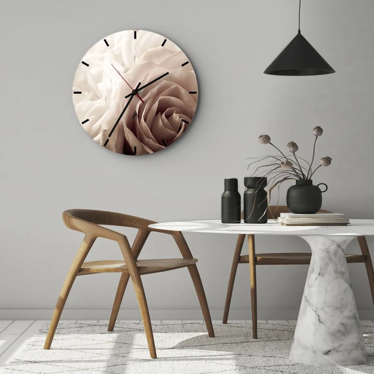 Wall clock - Clock on glass - close-up of delicate rose petals in shades of beige and pink. - 30x30cm - In the Heart of a Rose - Modern wall decoration for the living room, kitchen, and bedroom ARTTOR