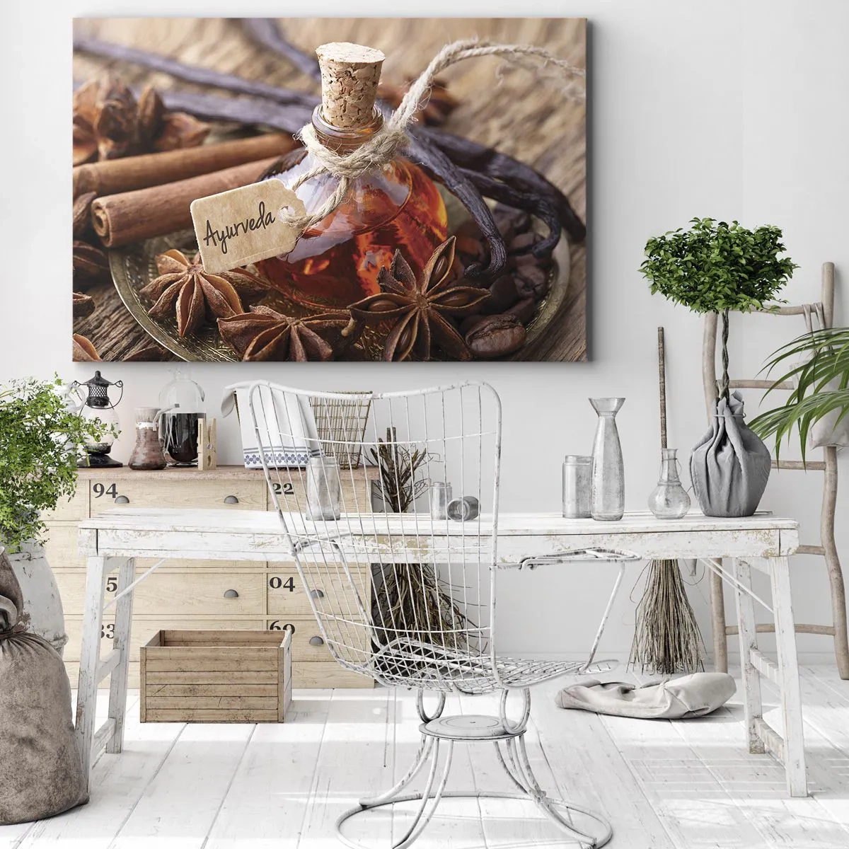 Canvas picture - A bottle of spice oil on a tray - 70x50cm - Unity of Body and Spirit - Modern wall decoration for the living room and bedroom ARTTOR