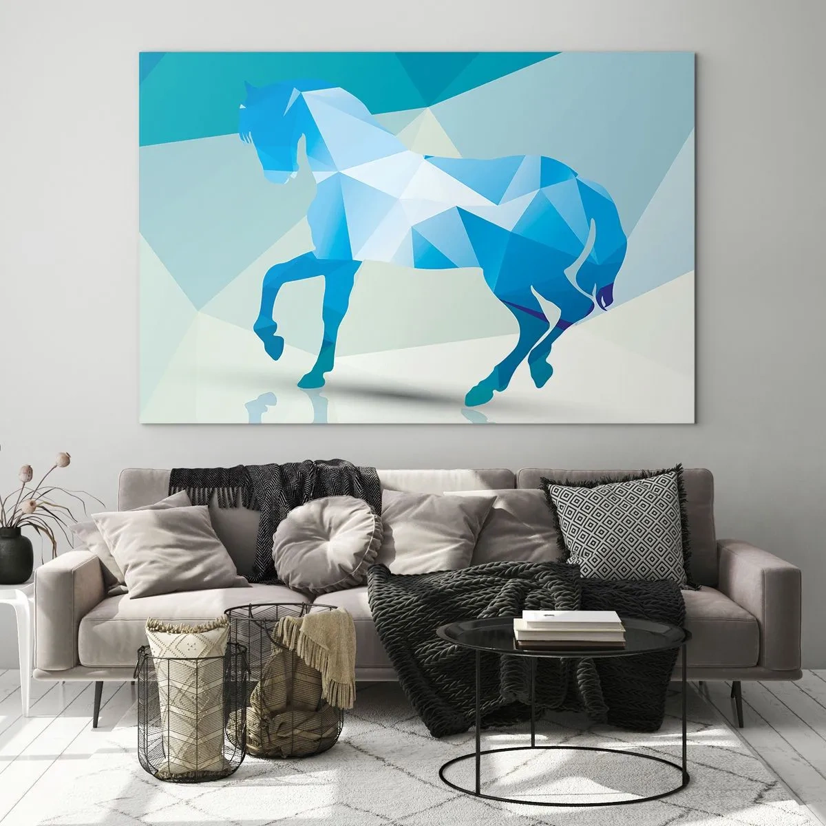 Glass picture - Geometric horse in shades of blue and white - 70x50cm - Geometrical Horse in Turuoise - Modern wall decoration for the living room and bedroom ARTTOR