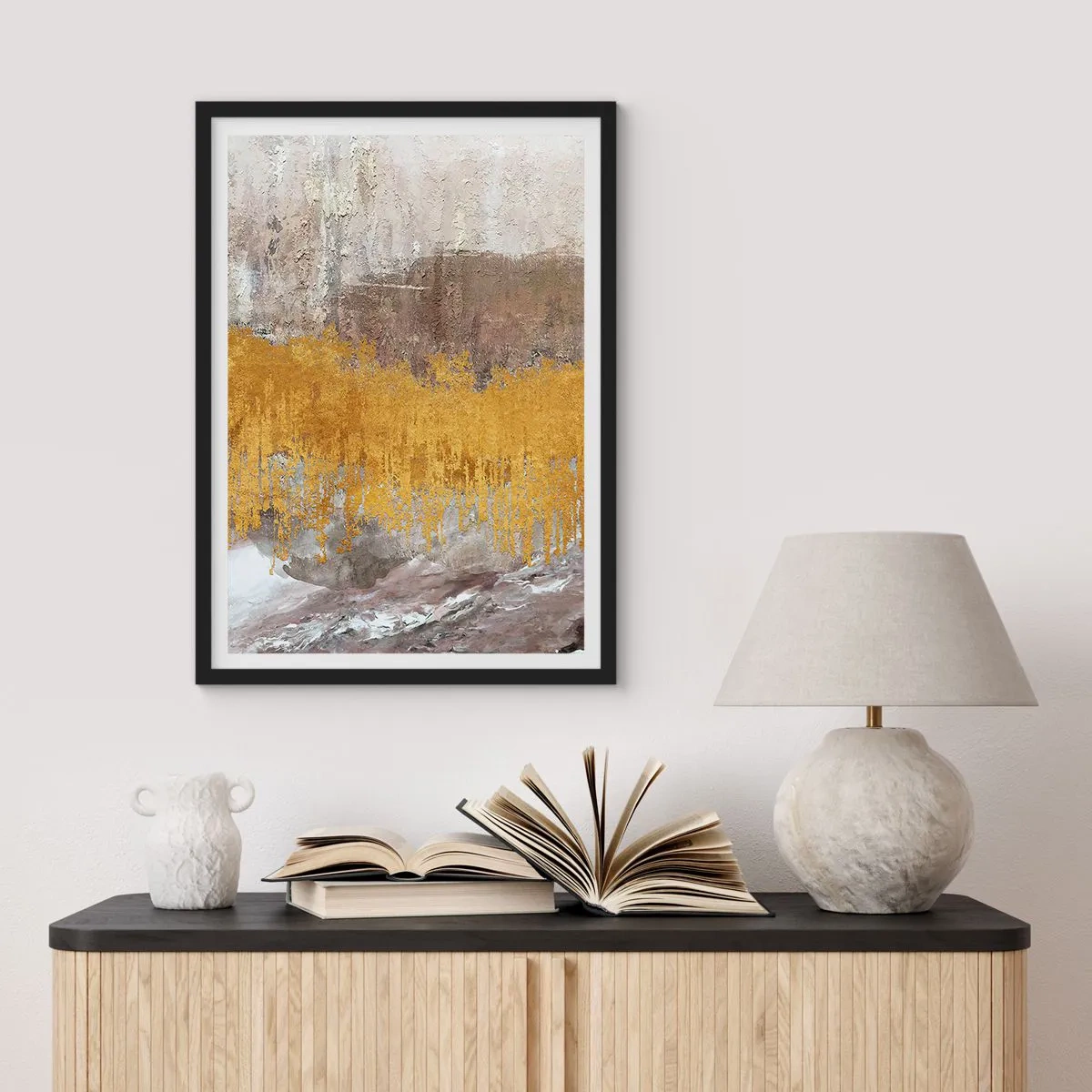 Poster in black frame - Abstract texture in gold and beige with a depth effect - 50x70cm - Golden Blast - Modern wall decoration for the living room and bedroom ARTTOR