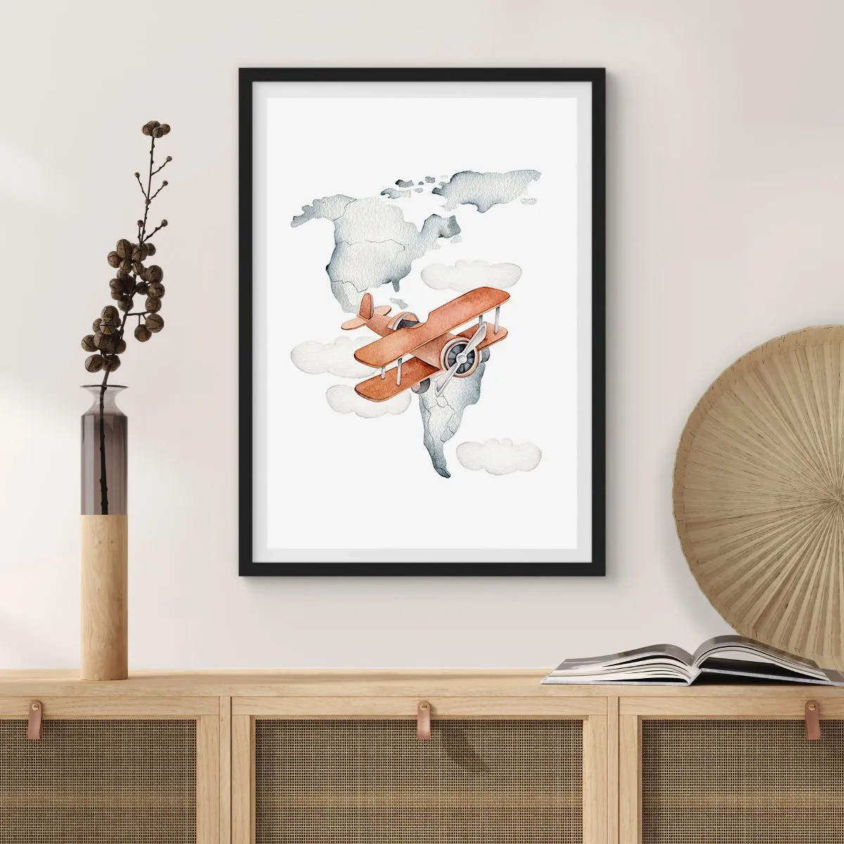 Poster in black frame - A biplane over a world map in the clouds - 50x70cm - In a Pioneering Spirit - Modern wall decoration for the living room and bedroom ARTTOR