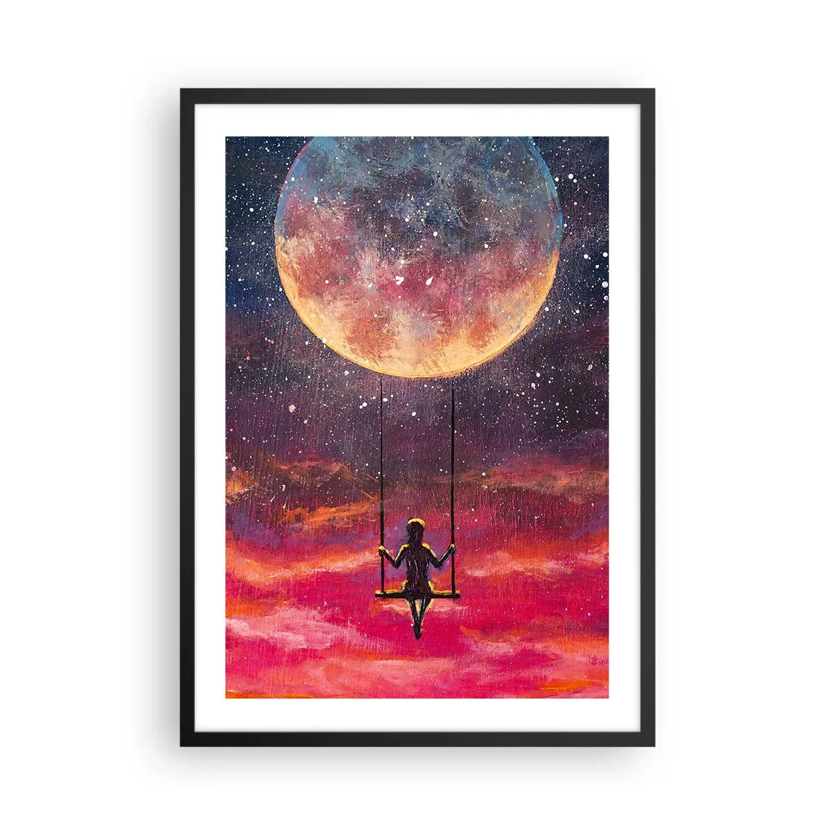 Poster in black frame - Girl on a Swing Under the Full Moon - 50x70cm - Swinging in the Clouds - Modern wall decoration for the living room and bedroom ARTTOR