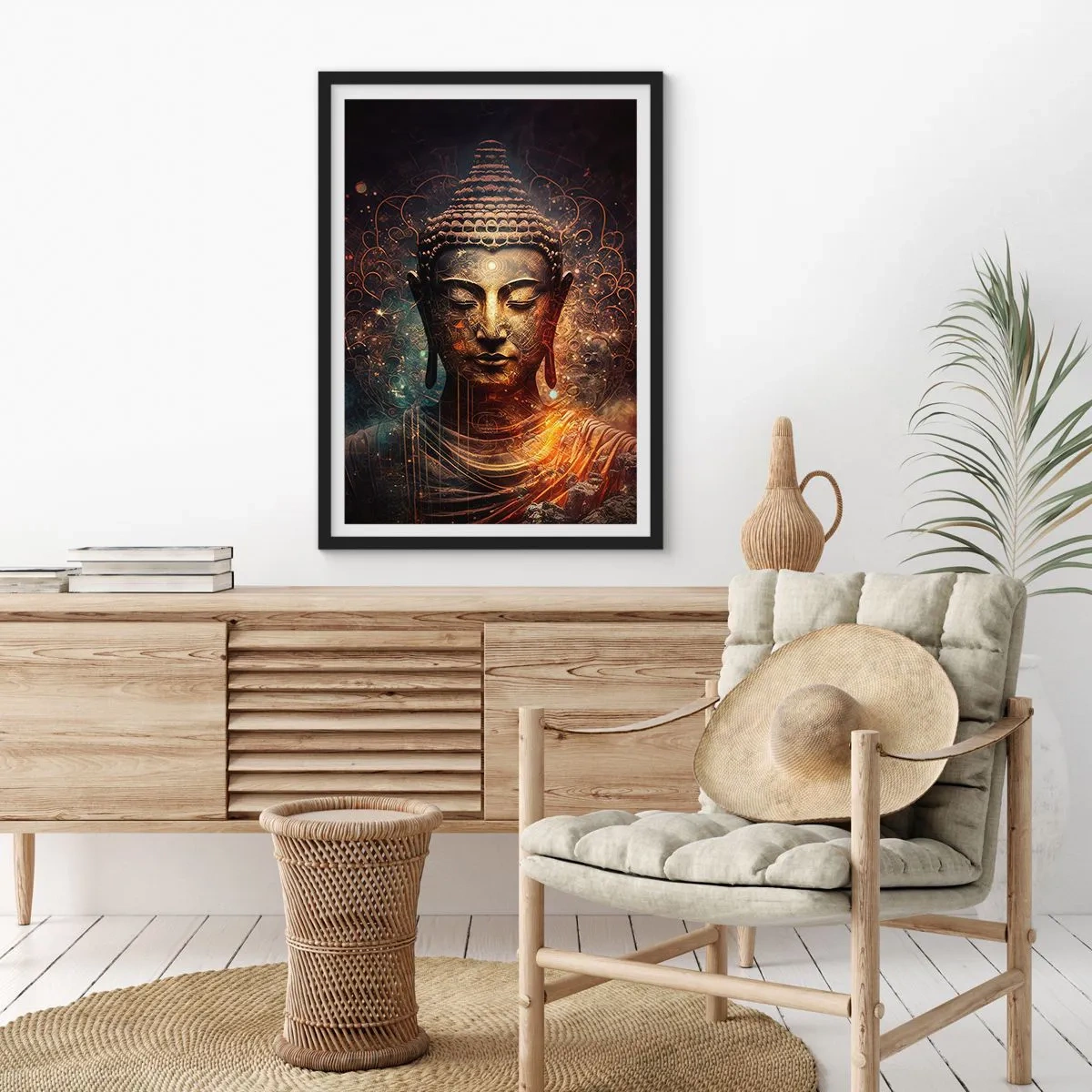 Poster in black frame - Mystical image of Buddha in golden shades - 50x70cm - Spiritual Balance - Modern wall decoration for the living room and bedroom ARTTOR