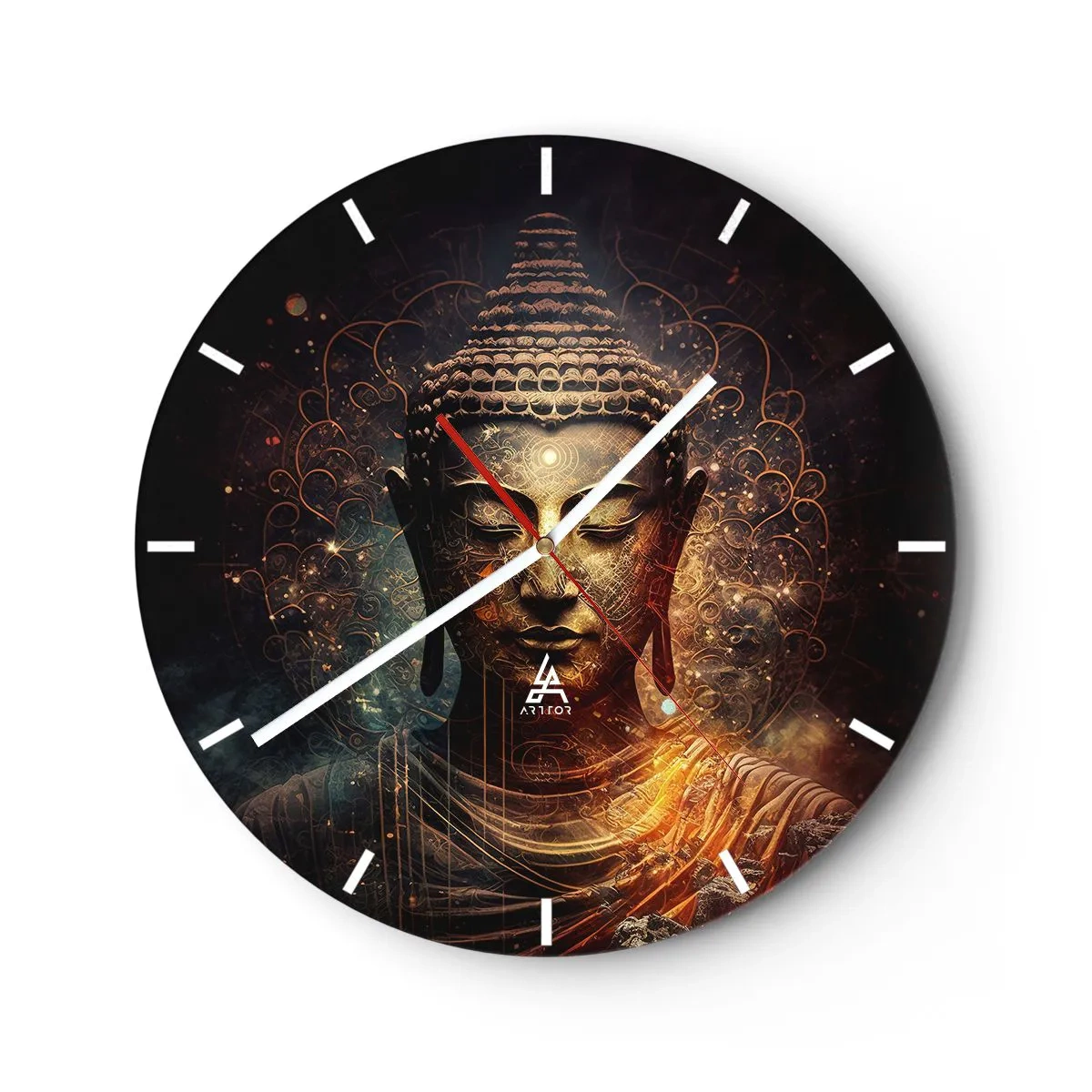 Wall clock - Clock on glass - A golden image of a meditating Buddha on a dark background - 30x30cm - Spiritual Balance - Modern wall decoration for the living room, kitchen, and bedroom ARTTOR