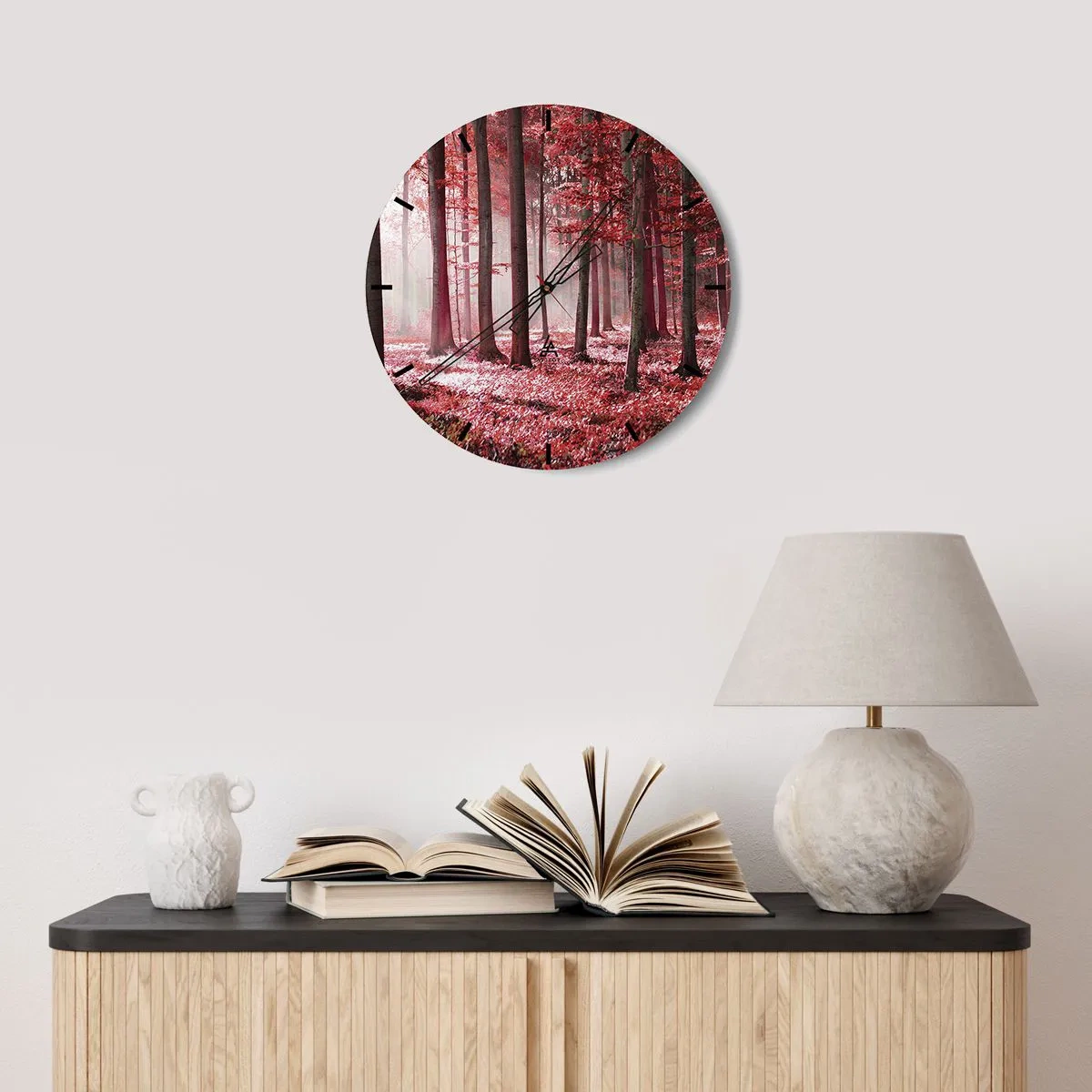 Wall clock - Clock on glass - A picturesque forest in red shades in the morning light - 30x30cm - Red Equally Beautiful - Modern wall decoration for the living room, kitchen, and bedroom ARTTOR