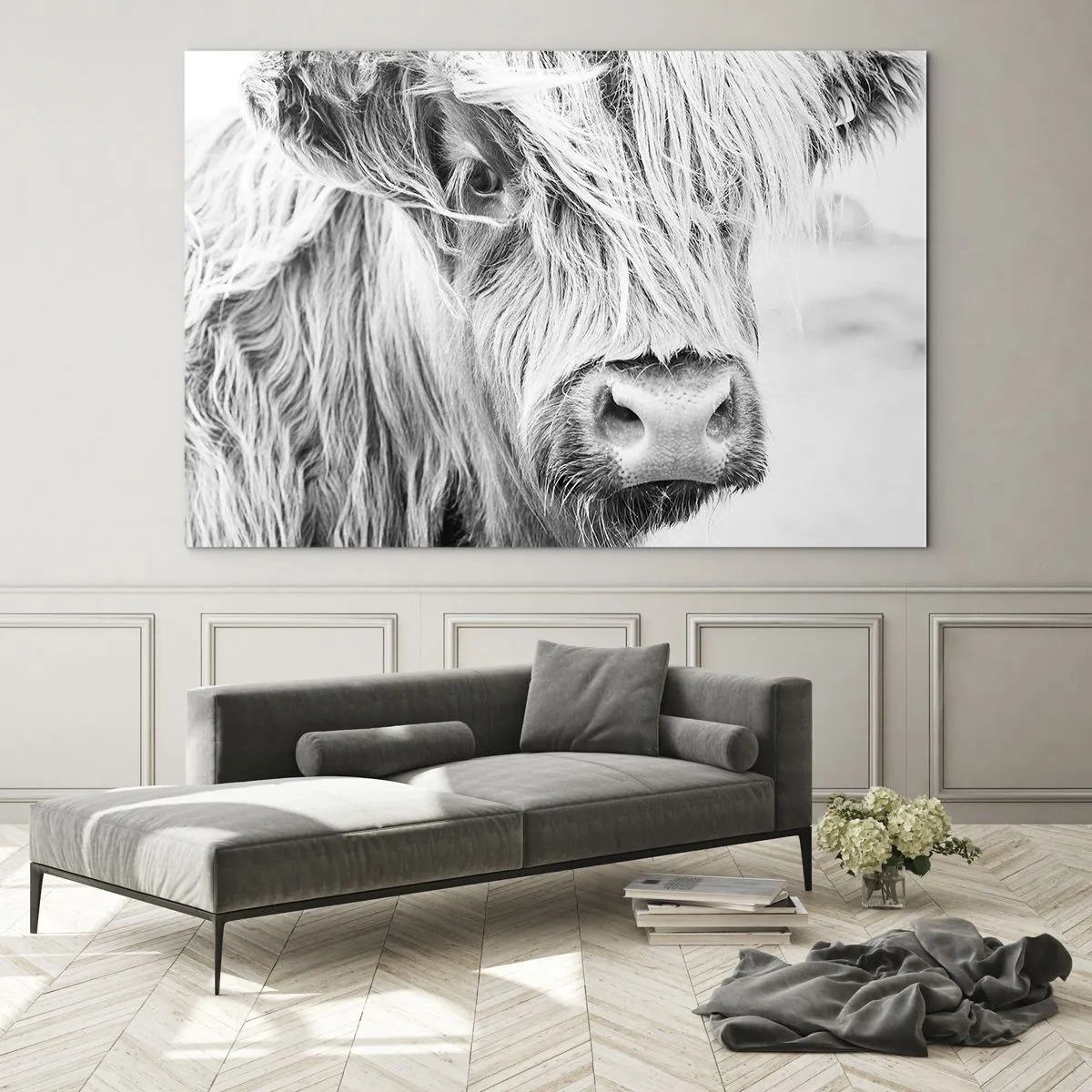 Glass picture - Close-up of a long-haired Scottish cattle in black and white - 70x50cm - Scottish Wilderness - Modern wall decoration for the living room and bedroom ARTTOR