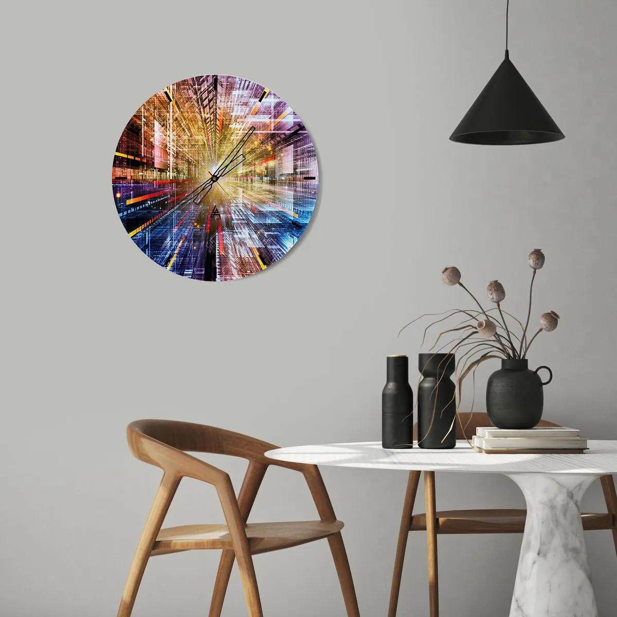Wall clock - Clock on glass - An abstract vision of the city with light effects and colors - 30x30cm - Light Passage - Modern wall decoration for the living room, kitchen, and bedroom ARTTOR