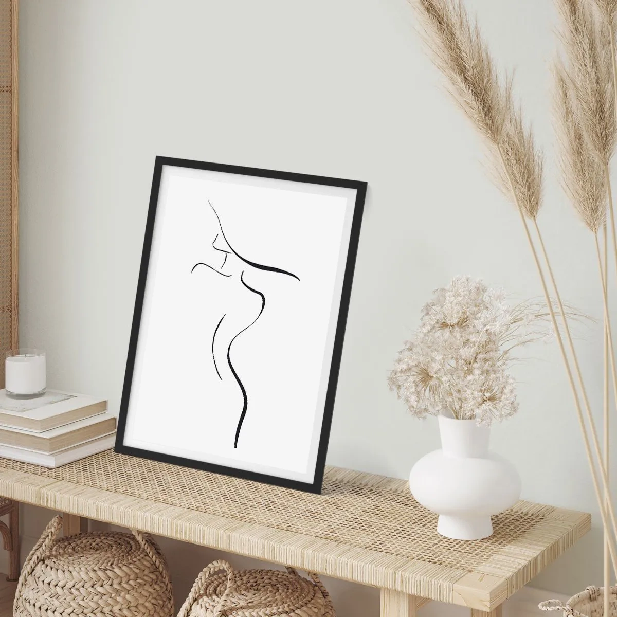 Poster in black frame - A minimalist silhouette of a woman drawn with a black line. - 50x70cm - Elusive Like a Wave - Modern wall decoration for the living room and bedroom ARTTOR