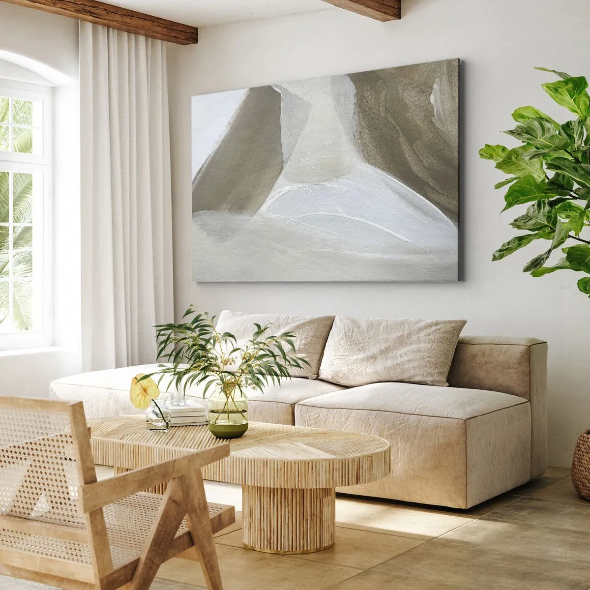 Canvas picture - Delicate abstraction in shades of beige and white - 70x50cm - Waves of White - Modern wall decoration for the living room and bedroom ARTTOR