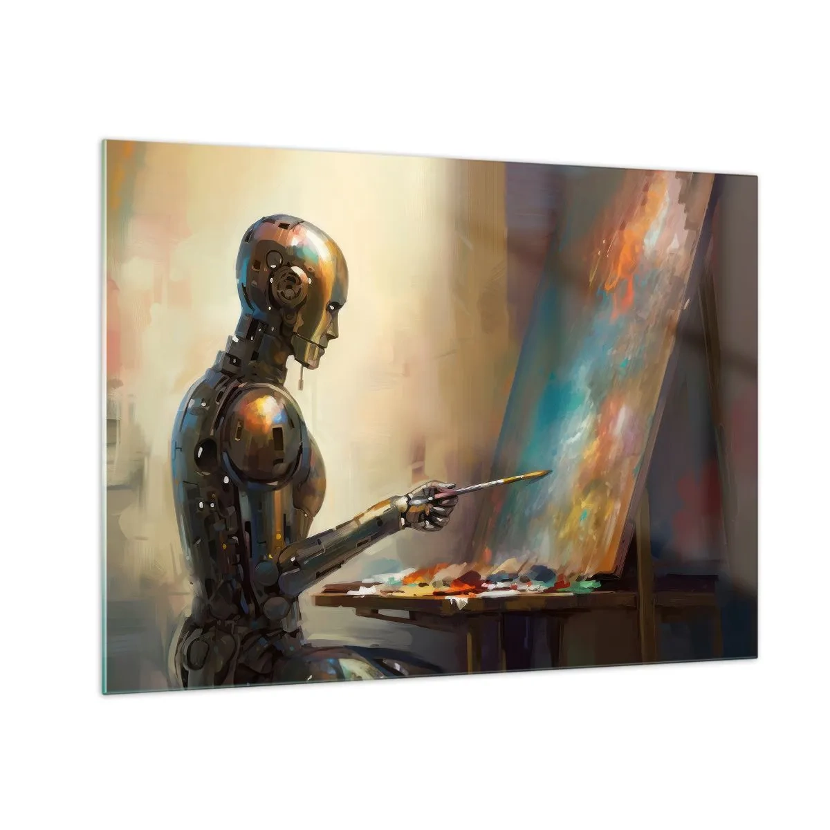 Glass picture - A robot painting a picture at an easel - 70x50cm - Art of the Future - Modern wall decoration for the living room and bedroom ARTTOR