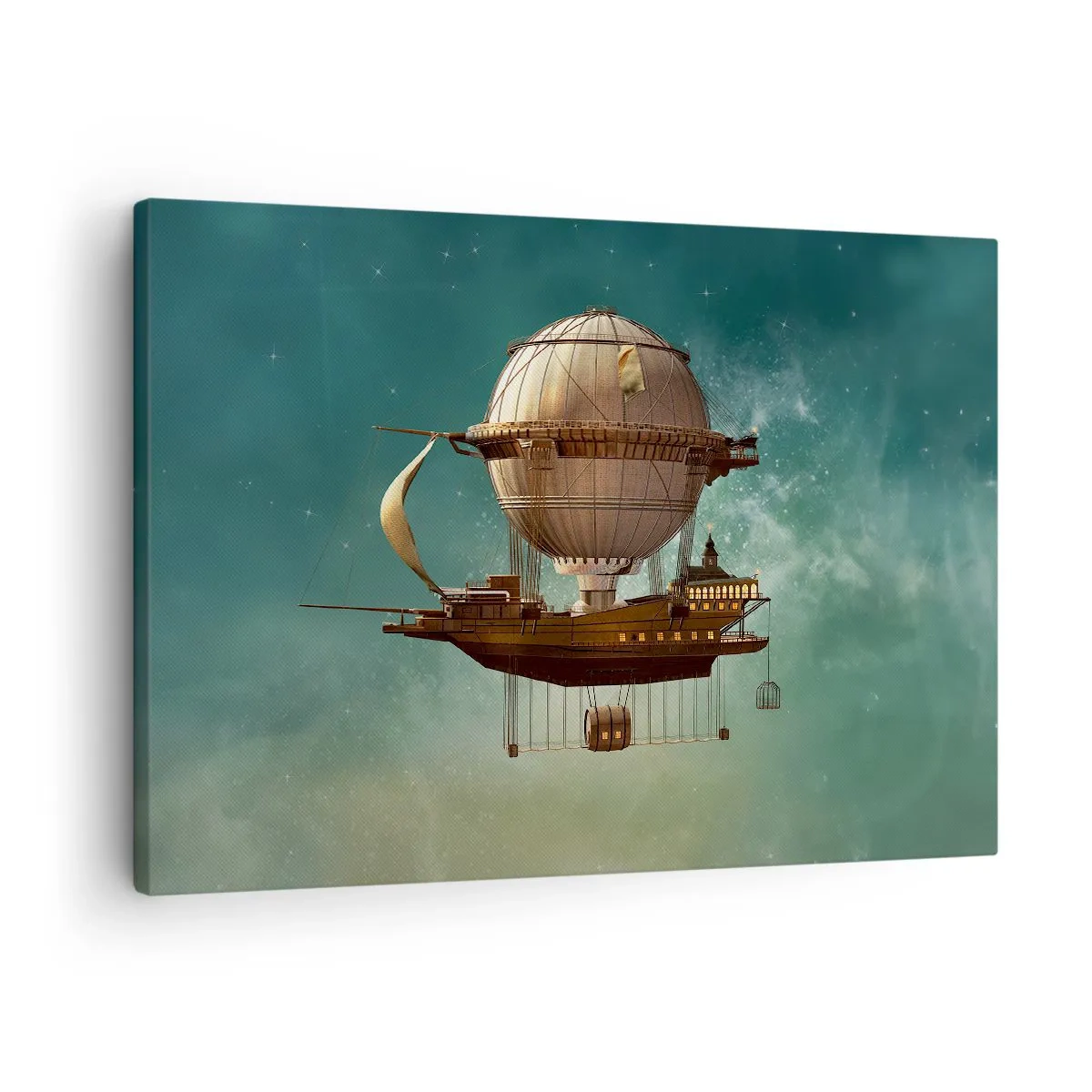 Canvas picture - fantastic airship against the greenish sky - 70x50cm - Greetings from Jules Verne - Modern wall decoration for the living room and bedroom ARTTOR
