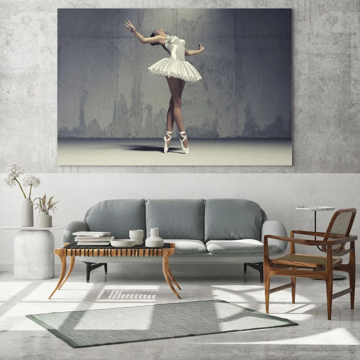 Glass picture - A ballerina in a white dress against a raw wall - 70x50cm - Light like a Bird - Modern wall decoration for the living room and bedroom ARTTOR