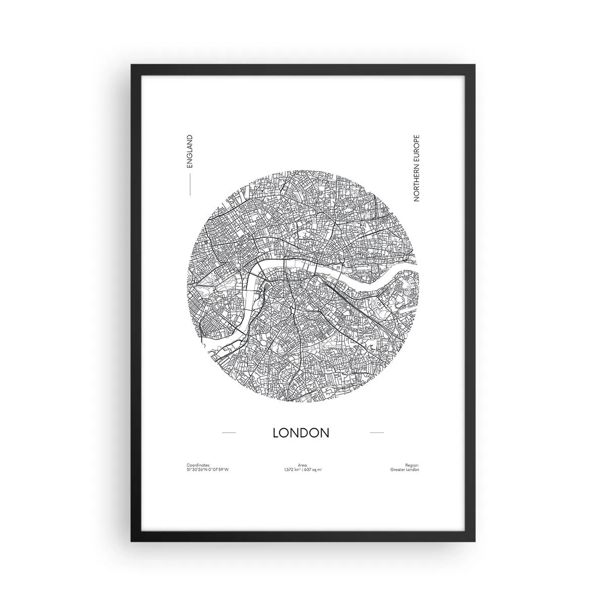 Poster in black frame - A minimalist black and white map of London - 50x70cm - Anatomy of London - Modern wall decoration for the living room and bedroom ARTTOR