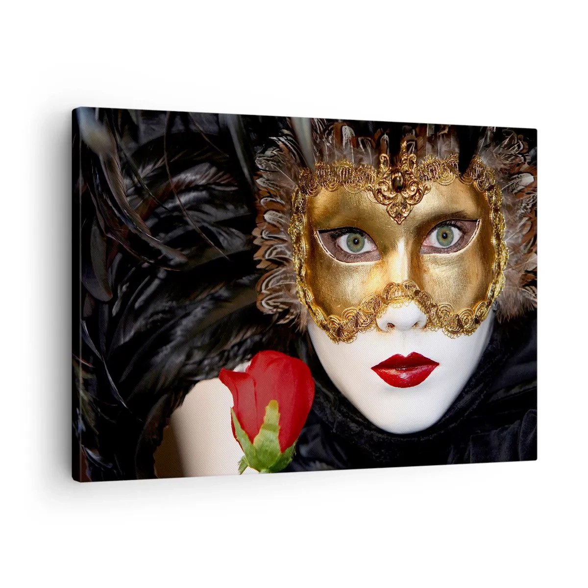 Canvas picture - Gold Venetian mask with feathers and a red rose, mysterious motif. - 70x50cm - Because Life Is a Big Ball - Modern wall decoration for the living room and bedroom ARTTOR