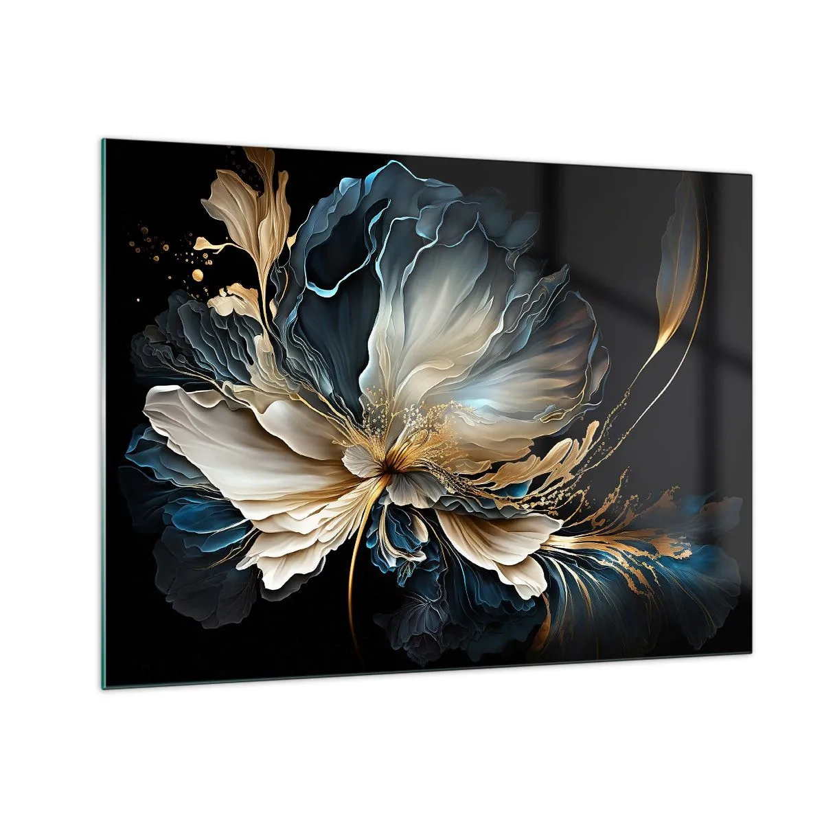 Glass picture - fancy flower in shades of gold, navy blue and beige on black - 70x50cm - Fairy Tale World of Ferns - Modern wall decoration for the living room and bedroom ARTTOR