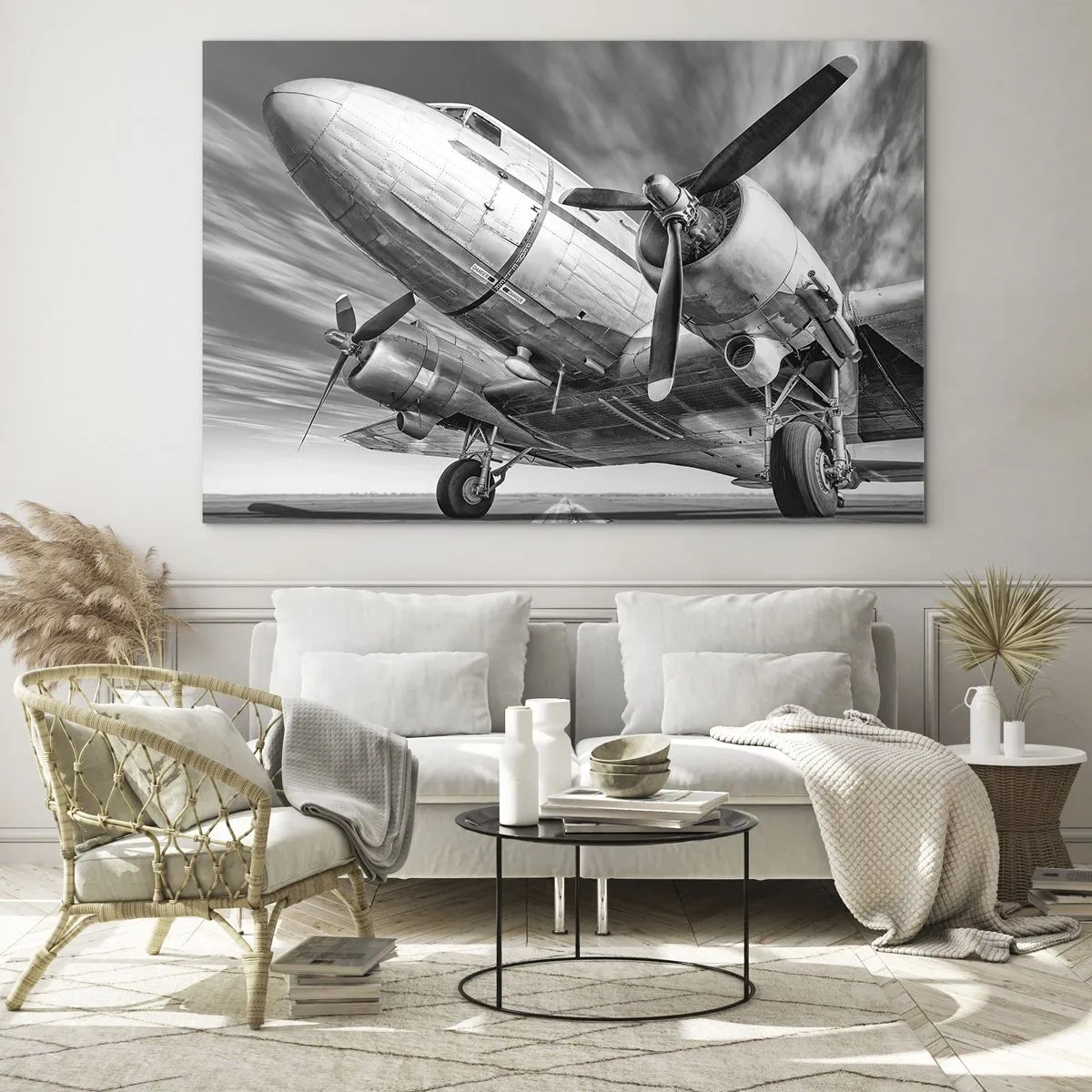 Glass picture - A black and white propeller plane on the runway - 70x50cm - Always Ready to Fly - Modern wall decoration for the living room and bedroom ARTTOR