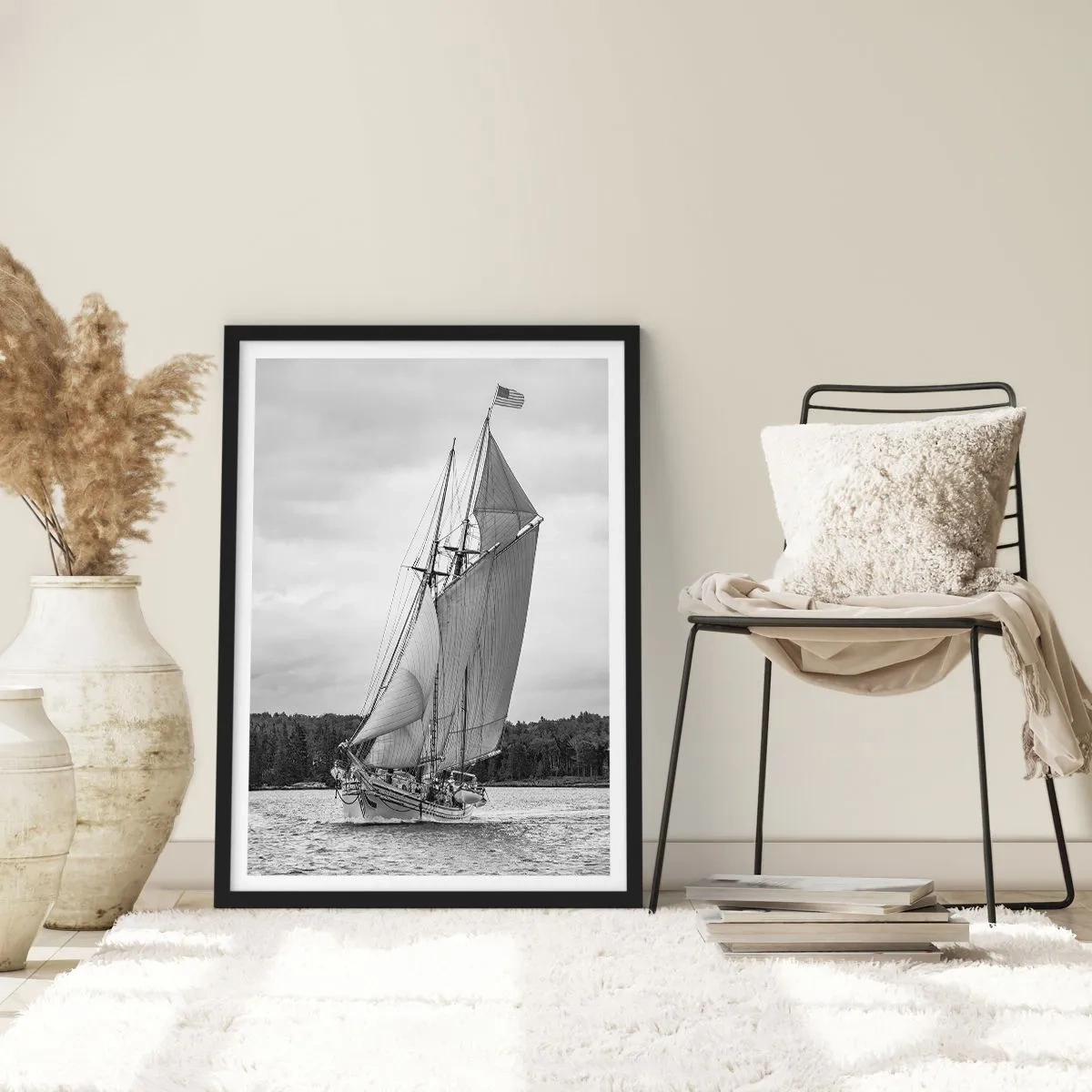 Poster in black frame - A sailing ship with large sails sailing on the sea in black and white - 50x70cm - Brothers of the Wind - Modern wall decoration for the living room and bedroom ARTTOR